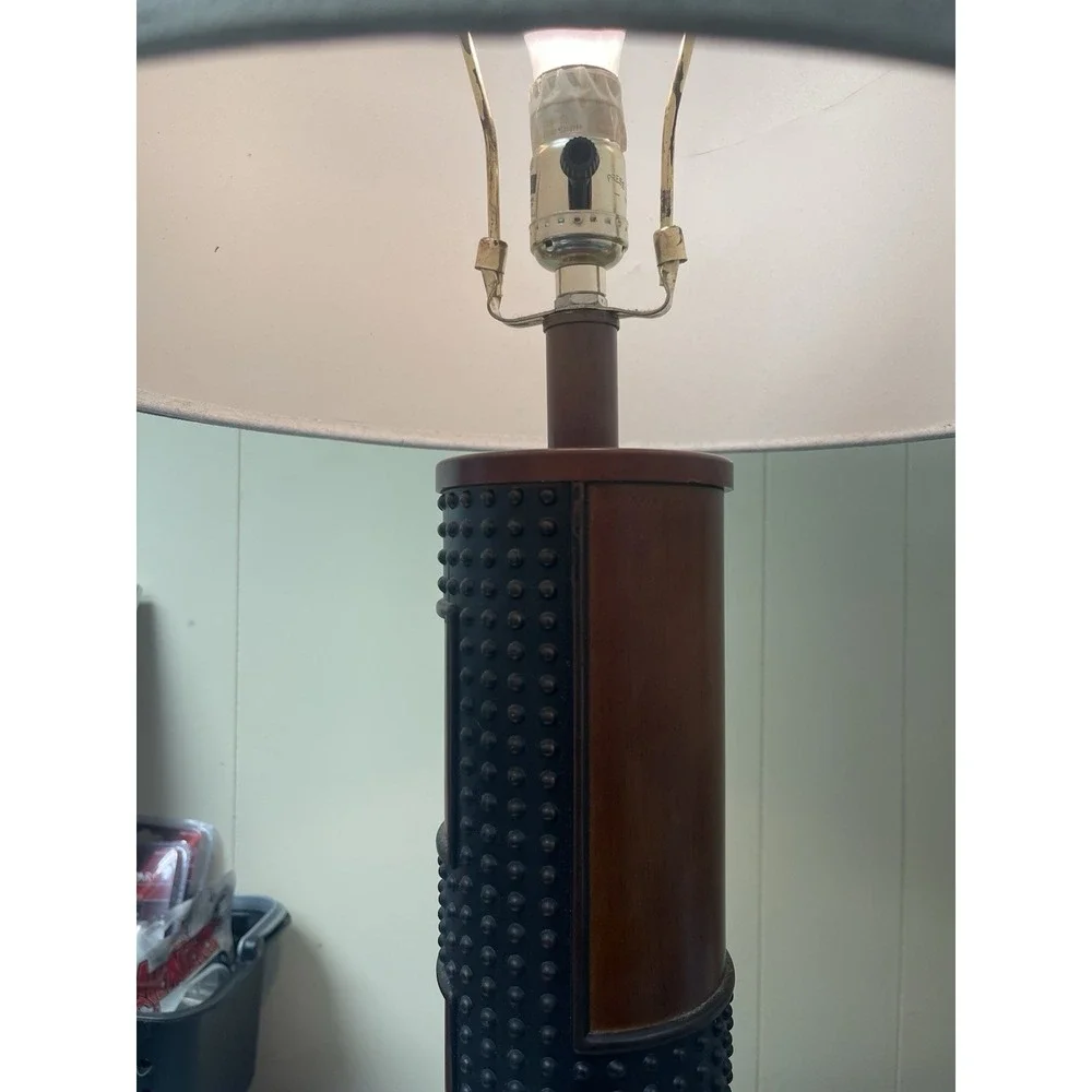 Mid-Century Style Faux Wood Studded Table Lamp w/ Beige Drum Shades Works